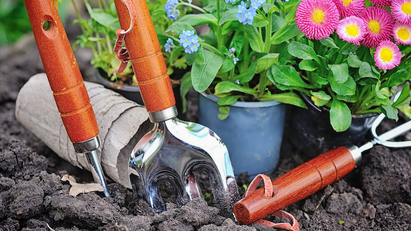 Garden fork with orange handle