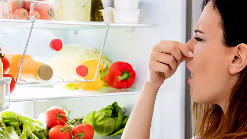 Woman reacting to bad smell in a fridge